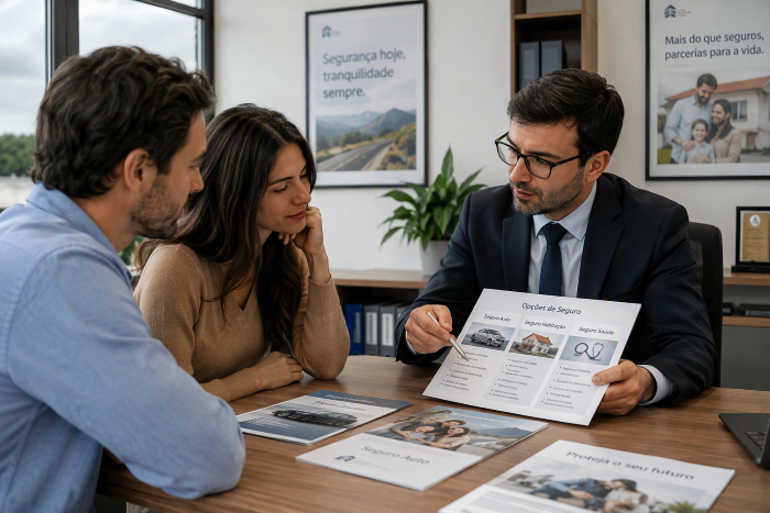 Medidador de seguros em reunião com dois clientes num escritório moderno, apresentando um folheto com diferentes opções de seguro sobre uma mesa com brochuras informativas. Ao fundo existem cartazes promocionais relacionados com seguros e uma estante com documentos.